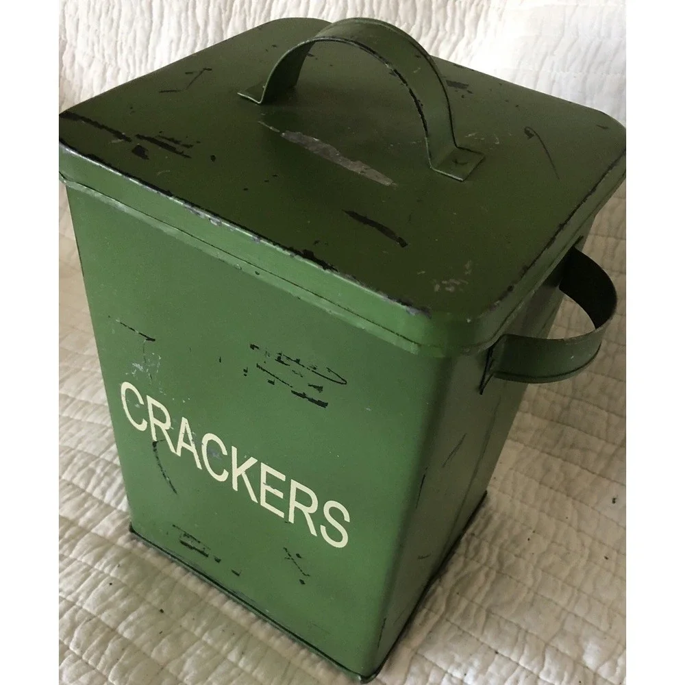 VTG Two's Company Green Metal Canisters Bread, Crackers & Biscuits Farmhouse